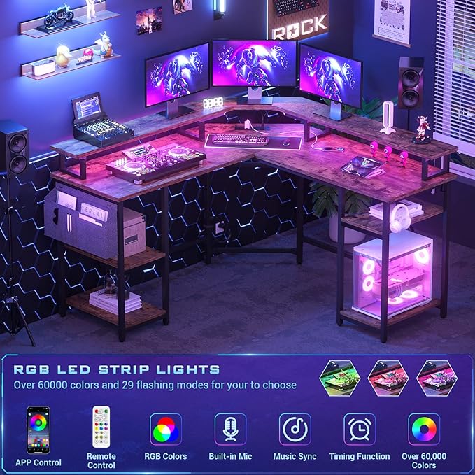 Aheaplus L Shaped Gaming Desk with Power Outlets & LED Lights, Corner Computer Desk with Monitor Stand and Storage Shelf, Home Office Writing Desk with Storage Bag, Rustic Brown - LeafyLoom