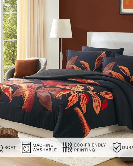 WRENSONGE King Size Comforter Set, 7 Pieces Black Red Floral Comforter Set with Sheets for King Size Bed, Red Leaf Pattern King Bedding Set, Soft Breathable Bed in a Bag King for All Seasons - LeafyLoom