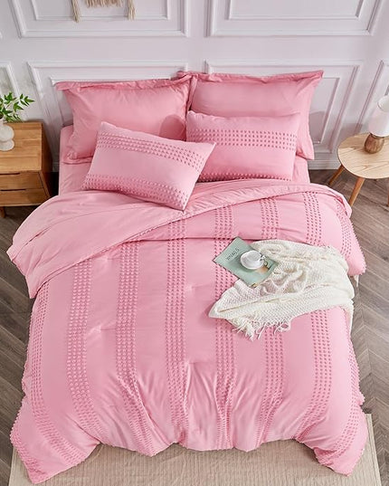 ENJOHOS Girls Queen Comforter Bedding Set Pink, 3 PCS Boho Comforter with Tufted Dots, Shabby Chic Bedding Comforter for All Season, Lightweight Fluffy Microfiber Comforter with 2 Pillowcases - LeafyLoom