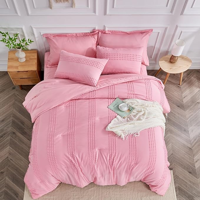 ENJOHOS Girls Full Size Comforter Bedding Sets Pink, 3 PCS Boho Comforter with Tufted Dots, Shabby Chic Bedding Comforter for All Season, Lightweight Fluffy Microfiber Comforter with 2 Pillowcases - LeafyLoom