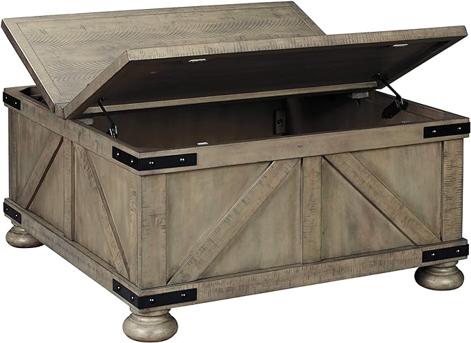 Signature Design by Ashley Aldwin Farmhouse Square Coffee Table with Lift Top for Storage, Grayish Brown, 36 in x 36 in x 18 in - LeafyLoom