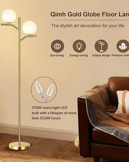 QiMH Modern Floor Lamp for Living Room, Gold Standing Lamp for Bedroom with Globe Glass Shade, 68" Mid-Century Tall Pole Tree Lamps Light Home Decor, Antique Brass(LED Bulbs Included) - LeafyLoom