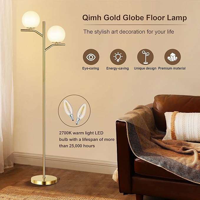 QiMH Modern Floor Lamp for Living Room, Gold Standing Lamp for Bedroom with Globe Glass Shade, 68" Mid-Century Tall Pole Tree Lamps Light Home Decor, Antique Brass(LED Bulbs Included) - LeafyLoom