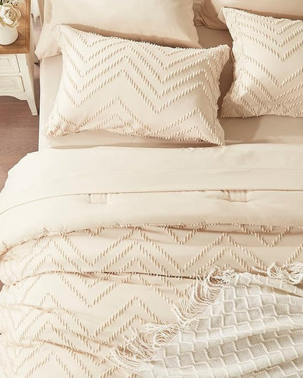 Anluoer King Bed in a Bag 7 Pieces, Beige Tufted Comforter Set with comforters and sheets, All Season Bedding Sets with 1 Comforter, 2 PillowShams, 2 Pillowcases, 1 Flat Sheet, 1 Fitted Sheet - LeafyLoom