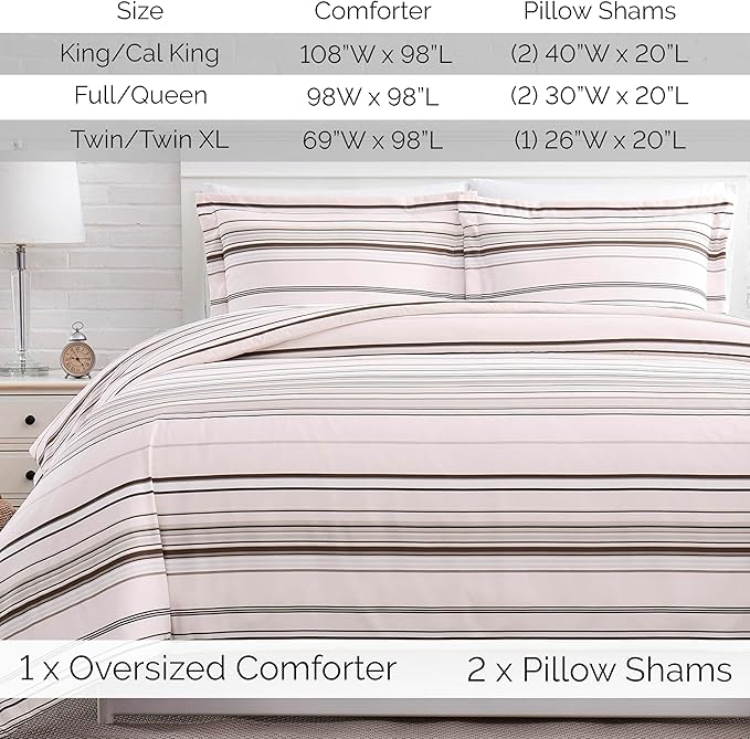 Southshore Fine Living, Inc. 3-Piece Full/Queen Comforter Set, Down Alternative All-Season Striped Comforter with 2 Shams, Soft Microfiber Bedspread, Full or Queen Bed, Coastal Stripes Taupe - LeafyLoom