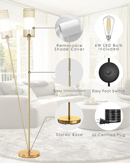 Floor Lamp with Metal Cage Shade & 6W LED Bulb - Indoor Brass Pole Light to Match Living Room or Bedroom in Farmhouse, Vintage, or Rustic Style - Standing, Tall Lighting - Gold - LeafyLoom