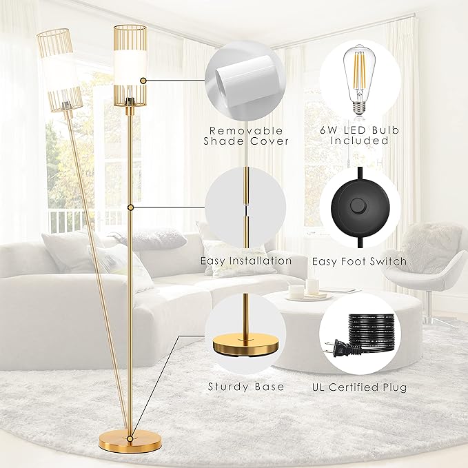 Floor Lamp with Metal Cage Shade & 6W LED Bulb - Indoor Brass Pole Light to Match Living Room or Bedroom in Farmhouse, Vintage, or Rustic Style - Standing, Tall Lighting - Gold - LeafyLoom