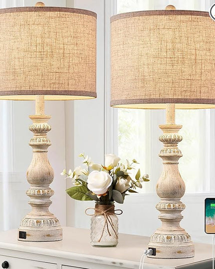 Farmhouse Bedside Table Lamps Set of 2, Bedroom Lamps for Nightstand with USB A+C Ports, 28” Rustic Vintage Living Room Lamps with Rotary Switch - Bulb Not Included - LeafyLoom