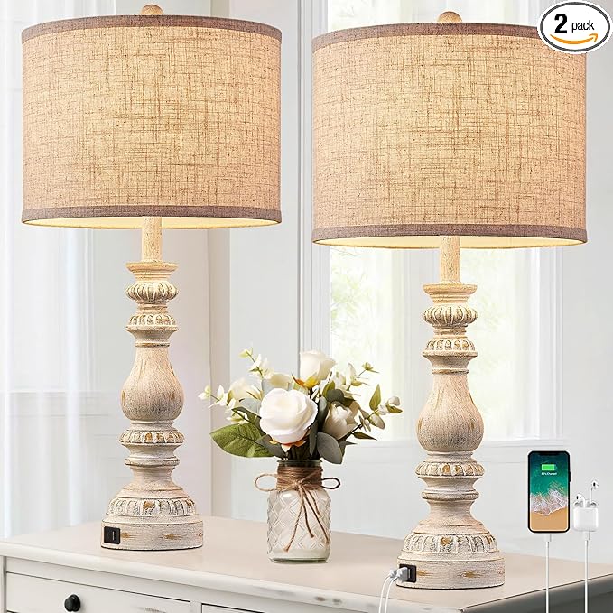 Farmhouse Bedside Table Lamps Set of 2, Bedroom Lamps for Nightstand with USB A+C Ports, 28” Rustic Vintage Living Room Lamps with Rotary Switch - Bulb Not Included - LeafyLoom