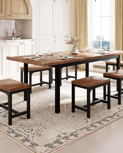 Feonase 7-Piece Dining Table Set with 6 Stools, 63" Large Extendable Kitchen Table Set for 4-8, Mid-Century Dining Room Table with Heavy-Duty Frame, Easy Assembly, Walnut - LeafyLoom