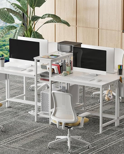 Furologee White 71" Double Gaming Desk, Extra Long 2 Person Computer Desk with Book Shelf and Cloth Bag, Large Office Desk Study Writing Table with Hooks for Home Office (NO Power Outlets) - LeafyLoom