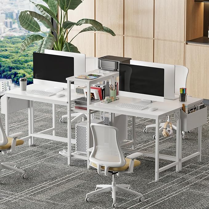 Furologee White 71" Double Gaming Desk, Extra Long 2 Person Computer Desk with Book Shelf and Cloth Bag, Large Office Desk Study Writing Table with Hooks for Home Office (NO Power Outlets) - LeafyLoom