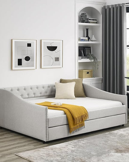 Upholstered Full Size Daybed with Twin Trundle, Solid Wooden Bed Frame w/Button Tufted Backrest and Copper Nail on Waved Shape Arms, No Spring Box Need, Space-Saving Design - LeafyLoom