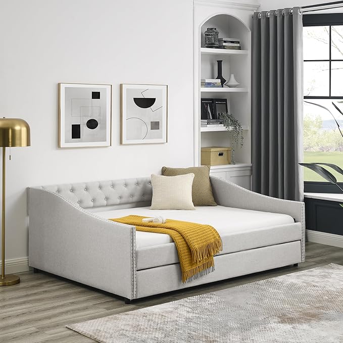 Upholstered Full Size Daybed with Twin Trundle, Solid Wooden Bed Frame w/Button Tufted Backrest and Copper Nail on Waved Shape Arms, No Spring Box Need, Space-Saving Design - LeafyLoom