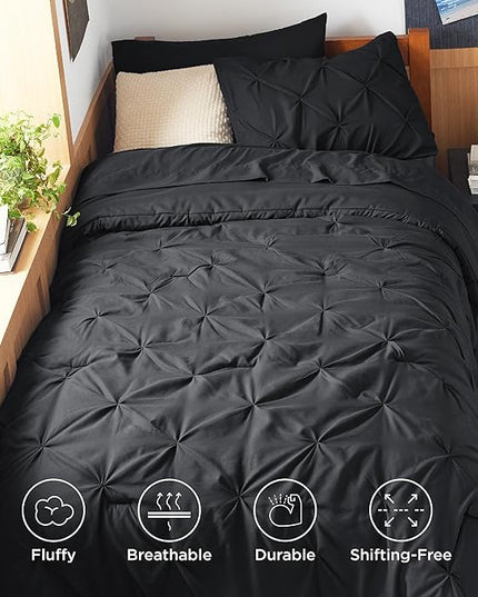 BEDSURE TwinXL Comforter Set with Sheets - 6 Pieces TwinXL Bedding Sets, Pinch Pleat Black Bed in a Bag with Comforters, Sheets & Skirt, Pillowcase & Sham, Kids Bedding Set - LeafyLoom