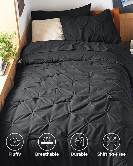 Bedsure Twin XL Comforter Set - Extra Long 5 Pieces Dorm Bedding Sets, Black Bed in a Bag with Comforters, Sheets & Skirt, Pillowcase & Sham - LeafyLoom