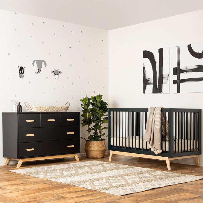 dadada Baby Soho 3-in-1 Convertible Crib to Toddler Bed – Wooden Crib Made in Italy, GREENGUARD Gold Certified Small Baby Crib – Baby-Safe Finish, Modern Design (Black/Natural) - LeafyLoom