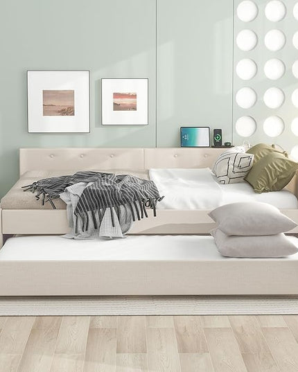 Wood House Bed with 2 Twin Solid Bed,L Structure Bedroom Platform Bed Frame W/Fence and Slatted Frame,No Box Spring Required,for Kids Teens Boy Girl,White - LeafyLoom