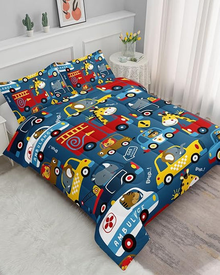 Datura home Kids Cartoon Car Comforter Set for Boys Children,Transportation Car Police Car Kawaii Animals Printed Bedding with 1 and 2 Pillowcases(Cartoon Car Queen), Queen 90x90inches - LeafyLoom