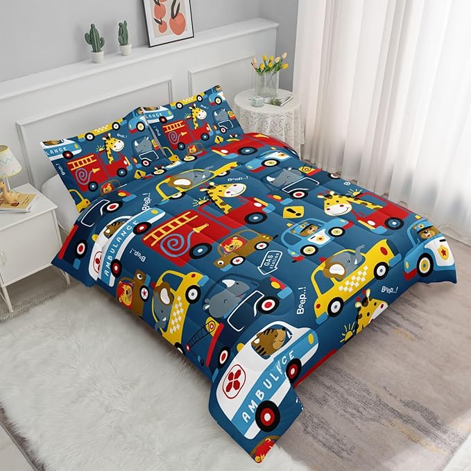 Datura home Kids Cartoon Car Comforter Set for Boys Children,Transportation Car Police Car Kawaii Animals Printed Bedding with 1 and 2 Pillowcases(Cartoon Car Queen), Queen 90x90inches - LeafyLoom