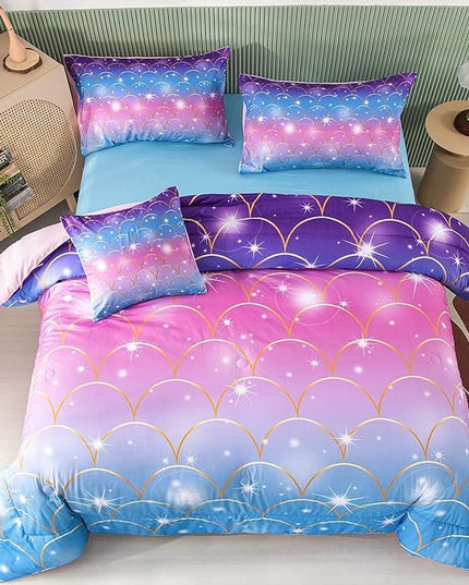 PERFEMET Pink Mermaid Comforter Set Full Size 6 Pieces Bed in A Bag Colorful Rainbow Bedding Set for Teens Girls 3D Sparkly Glitter Ombre Bed Set with Comforter and Sheets (Pink Mermaid, Full) - LeafyLoom