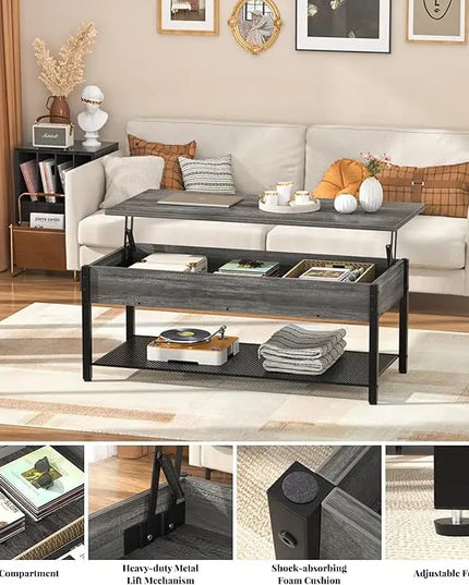 Homieasy Lift Top Coffee Table with Storage Shelf and Hidden Compartment, Modern Lift Top Table for Living Room, Wood Lift Tabletop, Metal Frame - Black Oak - LeafyLoom