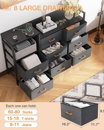 ODK Dresser with Charging Station, 52-Inch Long Dresser TV Stand for Bedroom, Large Dresser with 8 Storage Drawers, Chest of Drawers Easy-Pull Fabric Dressers for Living Room, Black and Dark Grey - LeafyLoom