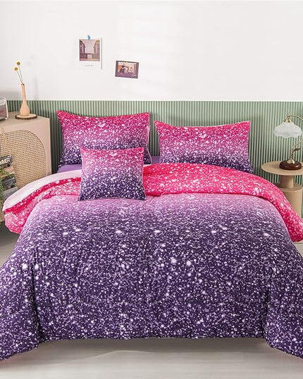RYNGHIPY 6Pcs Full Gradient Pink Purple Glitter Comforter Sets for Teens Girls Kids, Colorful Rainbow Glitter Themed Bedding Set - LeafyLoom