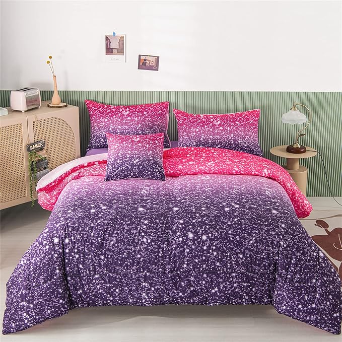 RYNGHIPY 6Pcs Full Gradient Pink Purple Glitter Comforter Sets for Teens Girls Kids, Colorful Rainbow Glitter Themed Bedding Set - LeafyLoom