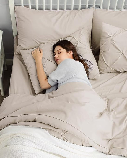 Bedsure California King Comforter Set - Cal King Bed Set 7 Pieces, Pinch Pleat Beige Cali King Bedding Set with Comforter, Sheets, Pillowcases & Shams - LeafyLoom