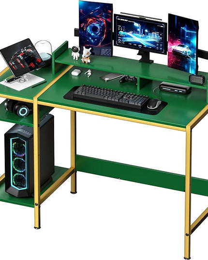 Gaming Computer Desk with Storage,Monitor Stand 47” Small, Writing Desk for 2 Monitors, Adjustable Storage Space, Modern Design Corner Table for Home Office, Green. - LeafyLoom