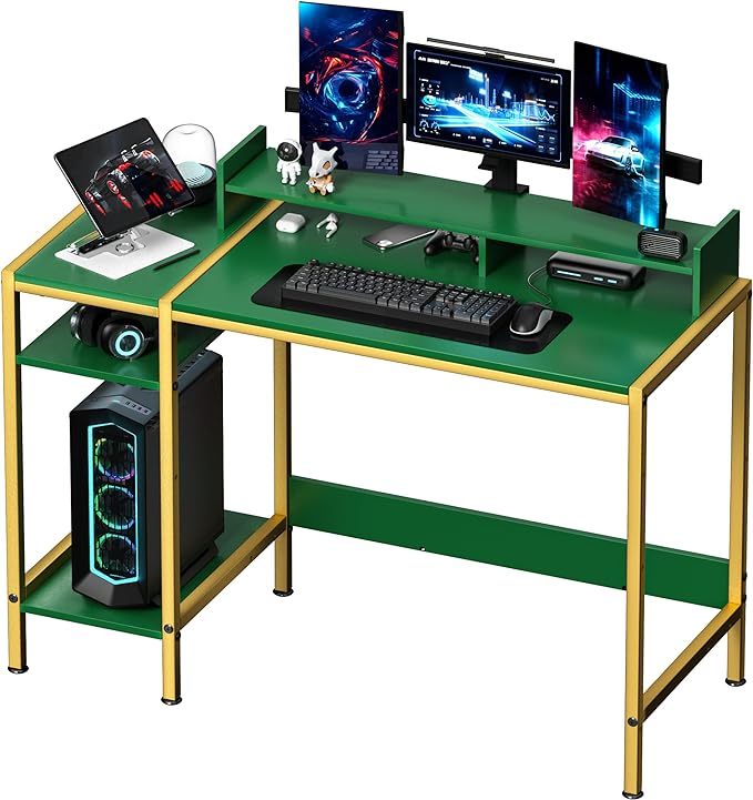 Gaming Computer Desk with Storage,Monitor Stand 47” Small, Writing Desk for 2 Monitors, Adjustable Storage Space, Modern Design Corner Table for Home Office, Green. - LeafyLoom
