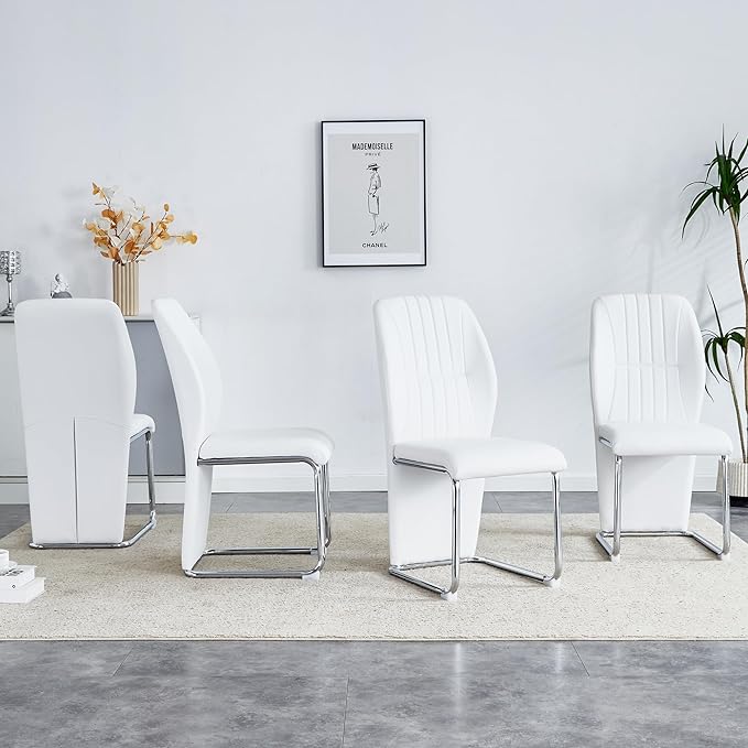 NicBex Dining Chairs Set of 4 Modern PU Dining Room Kitchen Chairs with Wrap-Around High Backrest,Silver Metal Legs,Chairs for Dining Room, Kitchen,Living Room, and Restaurants,White - LeafyLoom
