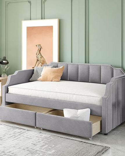 Twin Size Velvet Upholstered Daybed with Drawers, Solid Wood Bed w/Vertical Stripes Designed Backrest and Pine Legs, for Living Room, Bedroom, Dorm, No Box Spring Needed - LeafyLoom