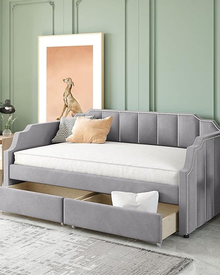 Twin Size Velvet Upholstered Daybed with Drawers, Solid Wood Sofa Bed w/Vertical Stripes Designed Backrest and Pine Legs, for Living Room, Bedroom, Dorm, No Box Spring Needed, Gray - LeafyLoom