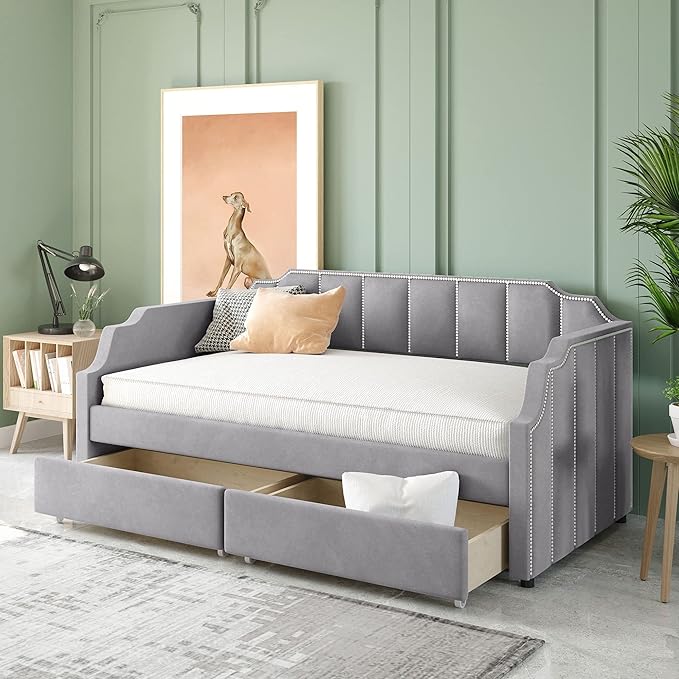 Twin Size Velvet Upholstered Daybed with Drawers, Solid Wood Sofa Bed w/Vertical Stripes Designed Backrest and Pine Legs, for Living Room, Bedroom, Dorm, No Box Spring Needed, Gray - LeafyLoom