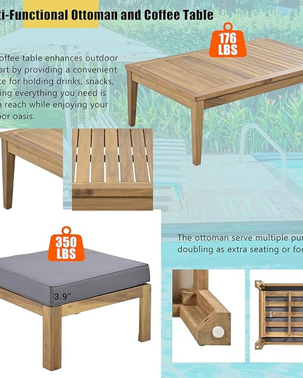 4 Piece Acacia Wood Patio Furniture L-Shaped Outdoor Sectional Sofa Coffee Table, FSC Certified Conversation Set w/Beige Cushions for Garden Backyard - LeafyLoom