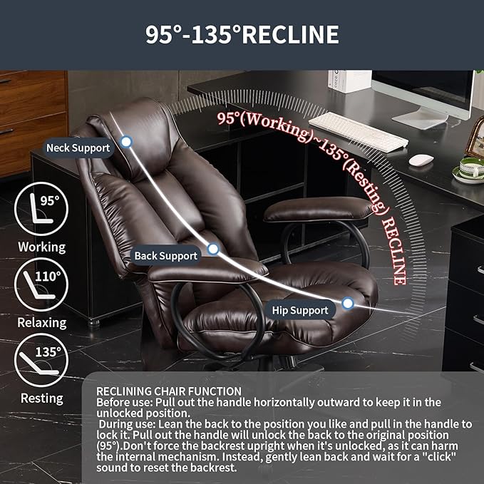 Office Chair Big and Tall, High Back Home Office Chair 400 lbs, Executive Chair, Desk Chair, Ergonomic Office Chair with Padded Armrest, Swivel Computer Chair PU Leather (Dark Brown) - LeafyLoom