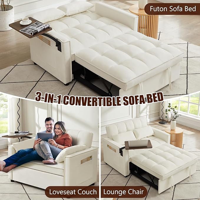 3 in 1 Loveseat Sofa Bed, Pull Out Couch Sleeper with Storage, Full Size Velvet Convertible Chair with 2 Pockets & 2 Pillows for Living Room, White - LeafyLoom