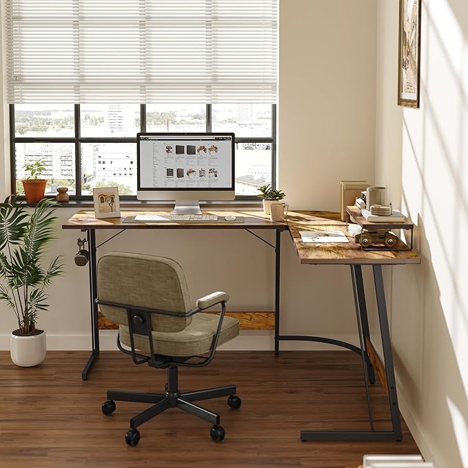 BANTI L Shaped Gaming Computer Office Desk, 59" Corner Desk with Monitor Stand for Home Office Study Writing Workstation, Rustic Brown - LeafyLoom