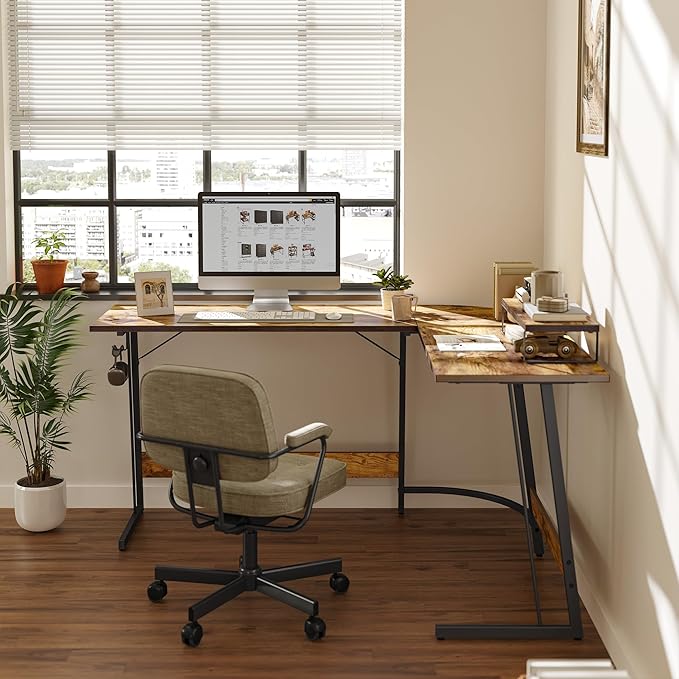 BANTI L Shaped Gaming Computer Office Desk, 67" Corner Desk with Monitor Stand for Home Office Study Writing Workstation, Rustic Brown - LeafyLoom
