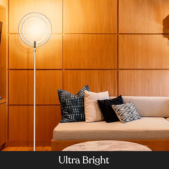 Brightech Eclipse Dimmable LED Floor Lamp, Modern Torchiere Floor Lamp for Living Rooms & Offices – Super Bright Tall Lamp with Dimmable Options for Reading, Standing Lamp Living Room Décor - Silver - LeafyLoom