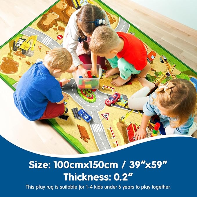 Booooom Jackson Kids Construction Site Play Rug Non-Slip Construction Vehicles Play Mat for Driving Toy Cars Daycare Nursery Preschool Playroom Kids Car Activity Carpet - LeafyLoom