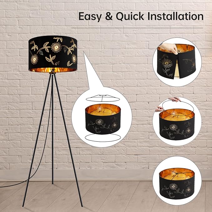 BoostArea Flower Tripod Floor Lamp, Mid Century, 8W LED Bulb, Decorative Lamp Shade, Black Metal Pole, Suitable for Living Room, Bedroom, Study, Office - LeafyLoom