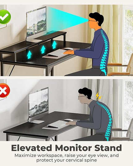 SUPERJARE 47 inch Computer Desk with LED Lights & Power Outlets, Home Office Desk with Monitor Shelf, Small Desk for Home & Office, Black - LeafyLoom