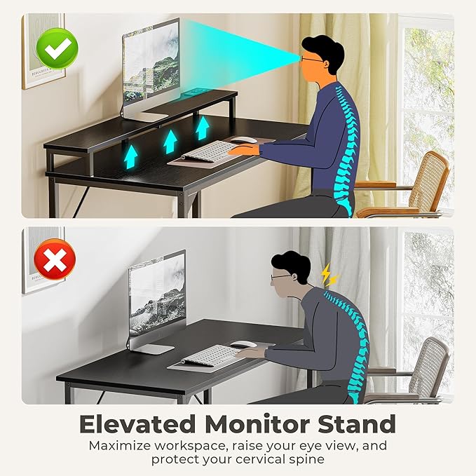 SUPERJARE 47 inch Computer Desk with LED Lights & Power Outlets, Home Office Desk with Monitor Shelf, Small Desk for Home & Office, Black - LeafyLoom