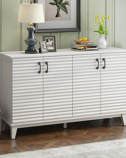 60" Sideboard with 4 Door Large,Retro Wooden Buffet Cabinet,W/Adjustable Shelves and Metal Handles,Console Table for Living Room Bedroom Kitchen,Antique White - LeafyLoom