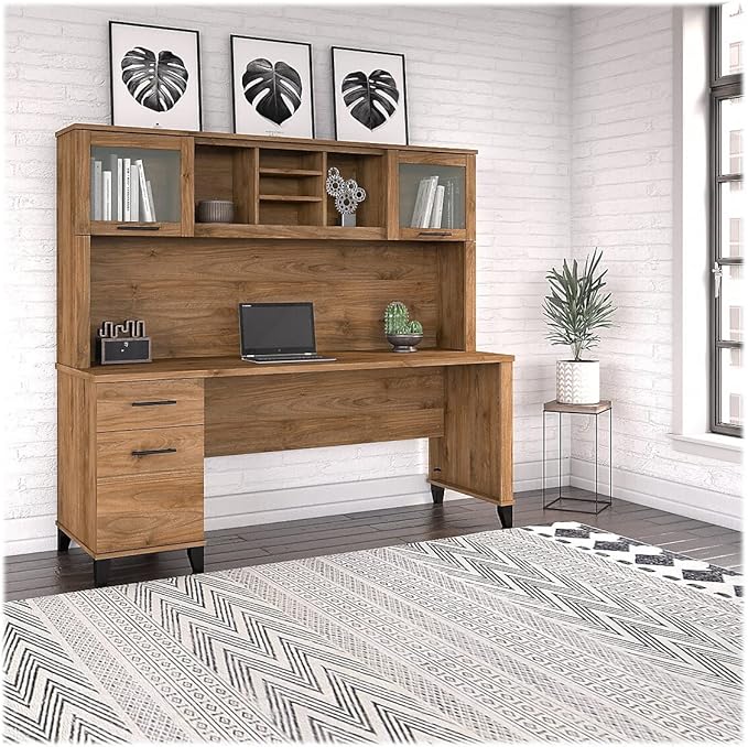 Bush Furniture Somerset Office Desk with Drawers and Hutch, 72W, Fresh Walnut - LeafyLoom