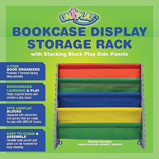 UNiPLAY Kids 4-Tier Book Storage Organizer with Sling Book Pockets, Plastic Sling Rack Bookshelf for Playroom, Fits Blocks, Gray/Primary - LeafyLoom