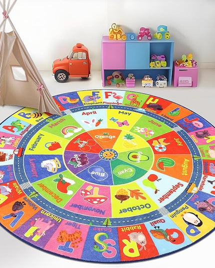 HEBE Kids Play Rug 4ft ABC Alphabet Numbers Shapes Educational Kid Area Rug Washable Baby Crawling Mat Non Slip Kid Play Mat Carpet for Girl Boy Bedroom Playroom - LeafyLoom